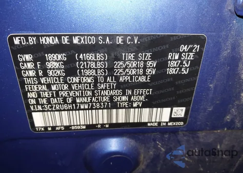 2021 Honda Hr-V Awd Sport z USA, uszkodzony, nr VIN 3CZRU6H17MM738371